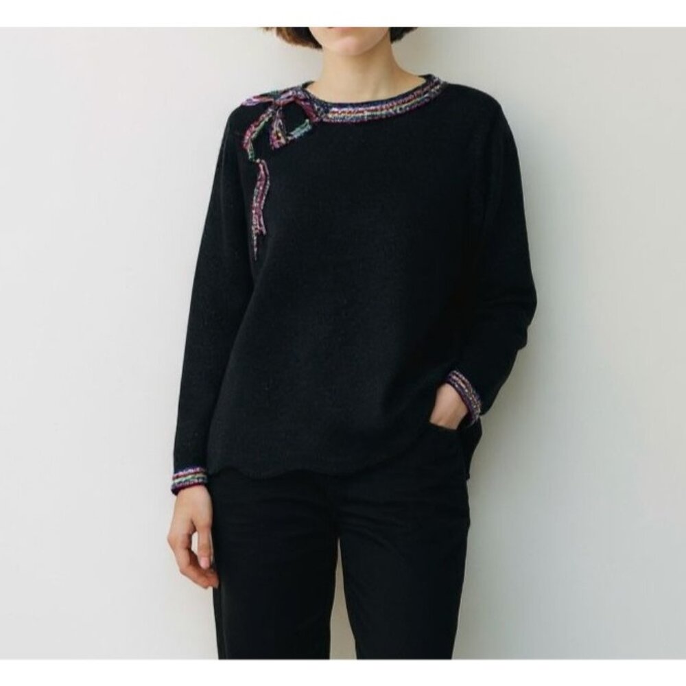 Vintage Sequin Bow Sweater M 80s Retro Knit Black Multi Holidays EUC Christmas